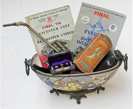 A porcelain bowl and contents to include pens, final tie football programmes, an opium pipe, yellow metal sailors buttons etc