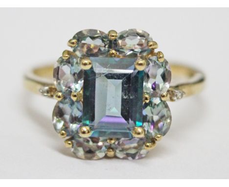 A 9ct gold aquamarine colour ring, gross wt. 2.5g.