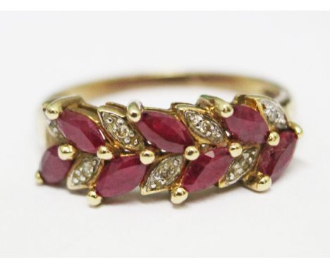 A 9ct gold diamond ruby ring, gross wt. 2.9g, size P.