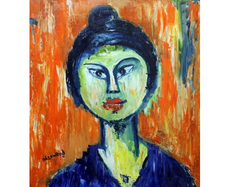 James Lawrence Isherwood (1917-1989), portrait of a Geisha, oil on board, 46cm x 50cm, signed, framed, comes with Molly Isher