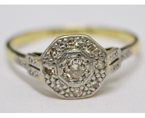 An Art Deco 18ct gold diamond ring, gross wt. 2.1g, size M.