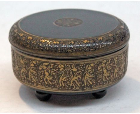A Moser Karsblad amethyst glass box of circular form with etched and gilt decoration on four feet, diam. 11cm. Condition - go