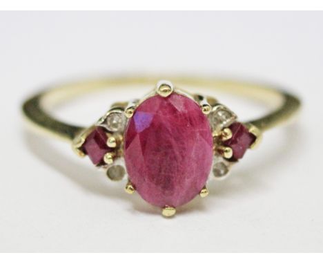 A 9ct gold diamond ruby ring, gross wt. 2.3g, size P.