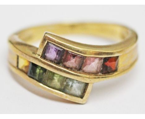 A 9ct gold multi-coloured stone ring, gross wt. 3.3g, size P.