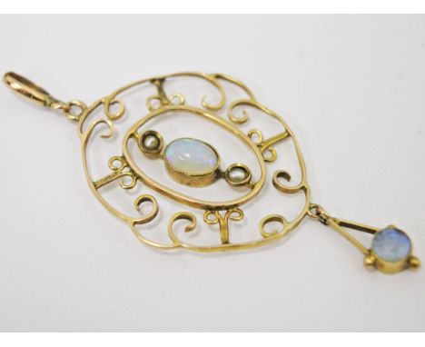 A Victorian/Edwardian 9ct gold opal seed pearl pendant, length 5.5cm, gross wt. 2.1g.