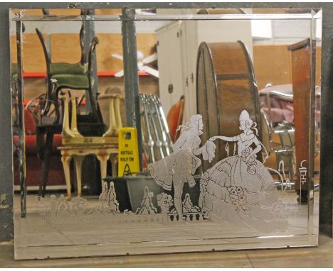 An Art Deco mirror etched with dancers. 122cm x 96cm.