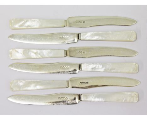 A set of six hallmarked silver and mother of pearl knives.