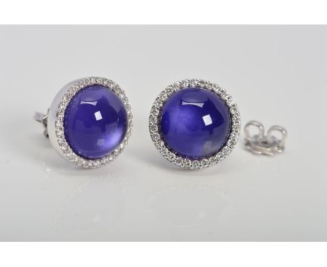 A MODERN PAIR OF ROBERTO COIN 18CT WHITE GOLD AMETHYST AND DIAMOND STUD EARRINGS, centring on a round cabochon measuring 11.5