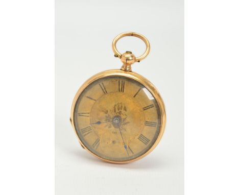 A GOLD POCKET WATCH, gold patterned dial, Roman numerals with blue steeled hands, seconds sweep dial at 6 o'clock position (A