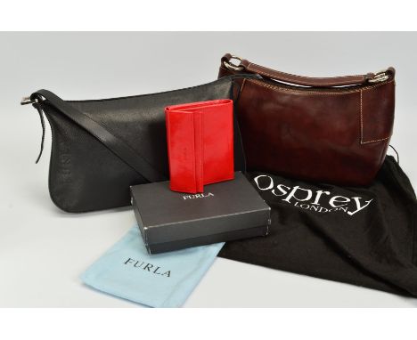 A FURLA HANDBAG, PURSE AND AN OSPREY HANDBAG, the Furla bag of plain black design, with zip top closure,internal side zip poc