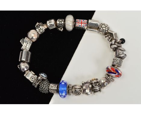 A PANDORA CHARM BRACELET, suspending twenty four charms and a safety chain, to include two glass charms, a ship charm, a doub