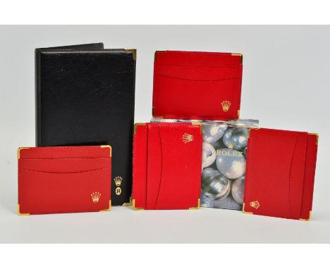 A COLLECTION OF ROLEX ACCESSORIES, black note pad, four red Rolex card sleeves and a pearl design Rolex outer box