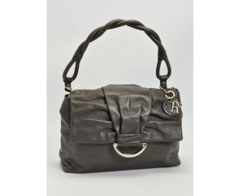 CHRISTIAN DIOR GREY HANDBAG, designed with front flap and press stud closure, silver tone hardware, twist handle, hanging Dio