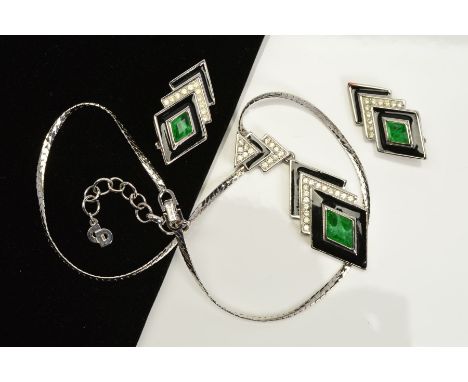A CHRISTIAN DIOR MATCHING NECKLACE AND EARRING SET, the pendant designed as a central diamond shape green paste within a blac