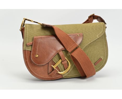 CHRISTIAN DIOR SADDLE BAG, the khaki green canvas with press stud flap closure featuring a brown leather flap and zipped pock