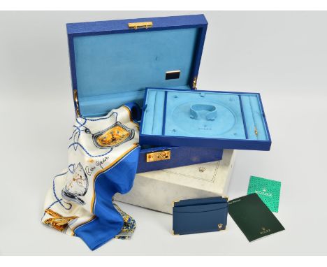 A ROLEX WATCH AND JEWELLERY BOX, marble style outer box, Royal blue Jubilee design leather exterior, lock with accompanying R