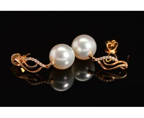 A PAIR OF 18CT GOLD CULTURED PEARL AND DIAMOND DROP EARRINGS, each designed as a spherical cultured pearl suspended from a tr
