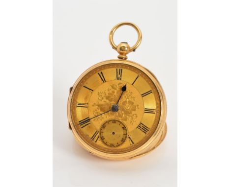 AN 18CT GOLD POCKET WATCH, measuring approximately 43mm in diameter, fancy floral dial with seconds sweep subsidiary dial six