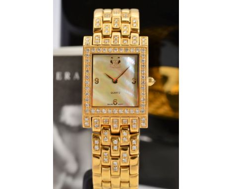 ASTON GERARD GOLD PLATED QUARTZ WRISTWATCH, rectangular diamond case, lugs and beginning of bracelet, mother of pearl dial, y