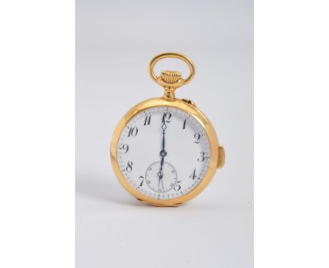 AN 18CT OPEN FACED QUARTER REPEATER POCKET WATCH, enamel Arabic numeral dial with a subsidiary dial, case number 81580, stamp