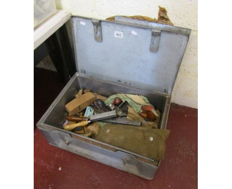 Metal tool box containing carpentry tools for inlay &amp; marquetry
