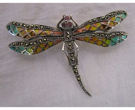 Silver &amp; Champlevé enamel dragonfly brooch