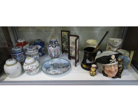 Shelf of ceramics etc to include Royal Doulton Toby jug &amp; ginger jars