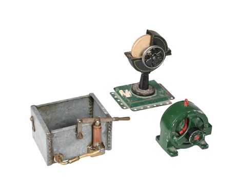A SMALL GENERATOR, MINIATURE MODEL GALVANISED WATER TANK WITH HAND FEED WATER PUMP AND A BELT DRIVEN GRINDING WHEEL WITH SPOK