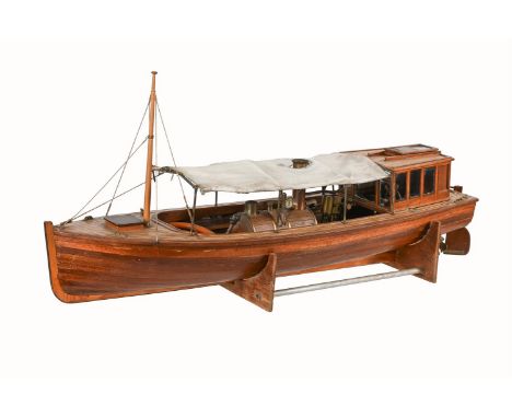 A FINE MODEL OF A LIVE STEAM CLINKER BUILT STEAM LAUNCH With detailing to include cabin area with glazed windows and roof sli