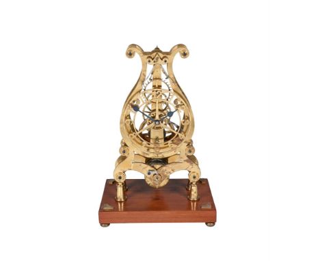 AN EXHIBITION STANDARD MODEL OF A MODEL ENGINEER BUILT 'LYRE' SKELETON CLOCK BUILT TO THE W R SMITH DESIGN AND DRAWINGS, BASE