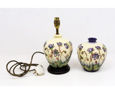 A Moorcroft pottery matching baluster vase and lamp base, both in the 'Ashwood Hepatica' pattern, by Emma Bossons, vase appro
