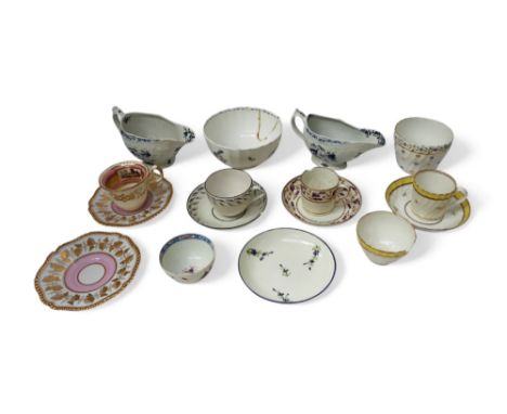 Mixed 18th or 19th century ceramics comprising of two blue and white Lowestoft sauceboats, with landscape transfer designs an