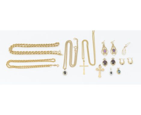 A collection of 9ct gold to include two rope chains widest chain approx 3mm, length approx 43cm, the other width approx 1.5mm