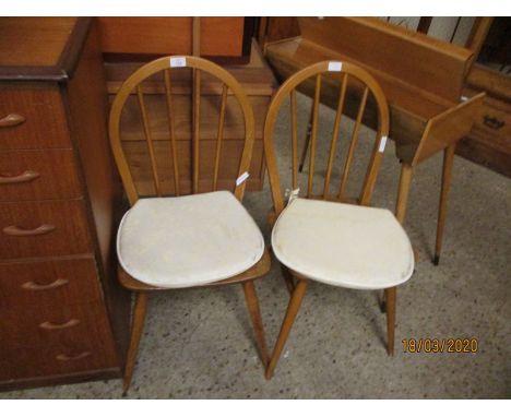 PAIR OF BEECHWOOD HARD SEATED STICK BACK KITCHEN CHAIRS