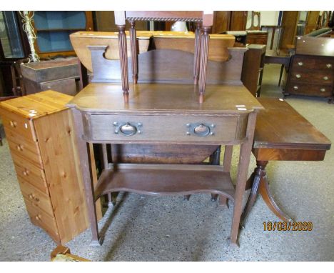 ARTS &amp; CRAFTS OAK SINGLE DRAWER SIDE CUPBOARD WITH COPPERED HANDLES WITH OPEN SHELF ON TAPERING SQUARE SPADE FEET