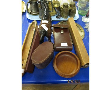 BROWN GLAZED HORSE, ASSORTED CLOTHES BRUSHES, AN EXTENDING RULE AND A VINTAGE KODAK CAMERA