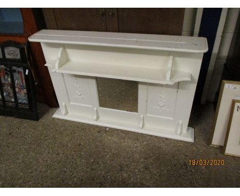 WHITE PAINTED OVERMANTEL MIRROR WITH OPEN SHELF AND SQUARE MIRROR FLANKED EITHER SIDE BY CARVED PANELS