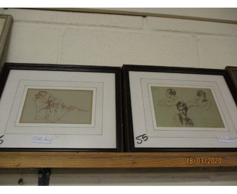 PRINT OF A HORSE HEAD, TWO TEAK FRAMED DRAWINGS OF LADIES (3)