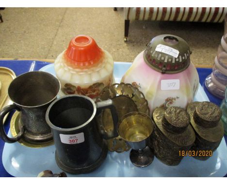 TRAY CONTAINING ORIENTAL BASE METAL TEA URNS, GLASS LIGHT SHADES, PEWTER TANKARDS ETC