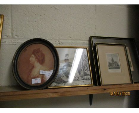 VICTORIAN OVAL PORTRAIT OF A WOMAN AND A FURTHER PRINT OF NORWICH CATHEDRAL, CROMER ETC (4)