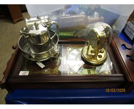 MODERN PRESIDENT TEAK MANTEL CLOCK, ANNIVERSARY CLOCK AND SILVER PLATED WARES
