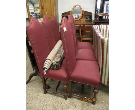 SET OF SIX OAK FRAMED RED UPHOLSTERED HIGH BACK DINING CHAIRS WITH BUTTON DETAIL