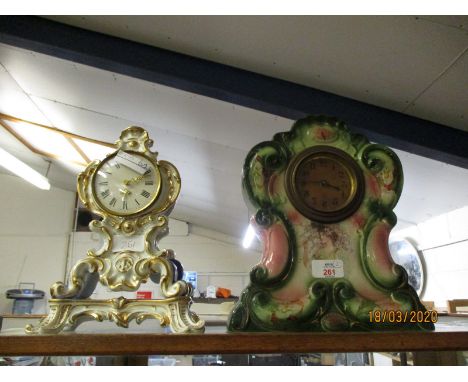FRENCH PORCELAIN BLUE FLORAL AND GILT MANTEL CLOCK AND A FURTHER VICTORIAN MANTEL CLOCK (2)