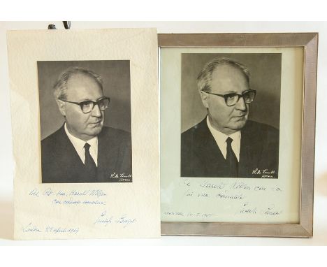 Giuseppe Saragat, fifth President of the Italian Republic, black &amp; white photographic portrait, inscribed to British Prim