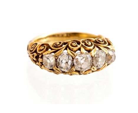 A Victorian five-stone gold and diamond ring, five graduating old-cut claw-set diamonds weighing approx 1.5cts in total, scro