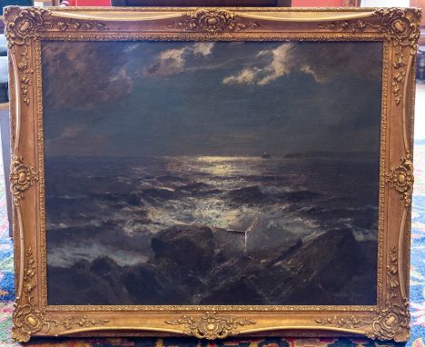 Julius Olsson (British, 1864-1942), a moonlit seascape, signed l.r., oil on canvas, 60 by 75cm, in a gilt frame (s.d)CONDITIO