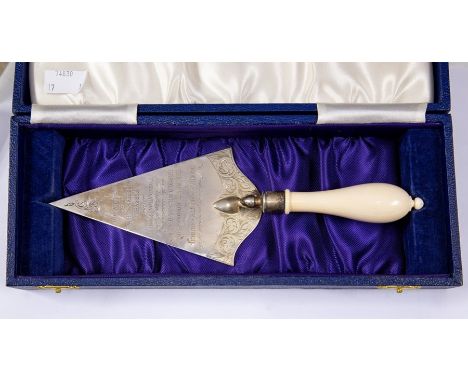 An Elizabeth II silver presentation trowel, with ivorine handle, Turner &amp; Simpson, Birmingham, 1970, 22.5cm long overall,