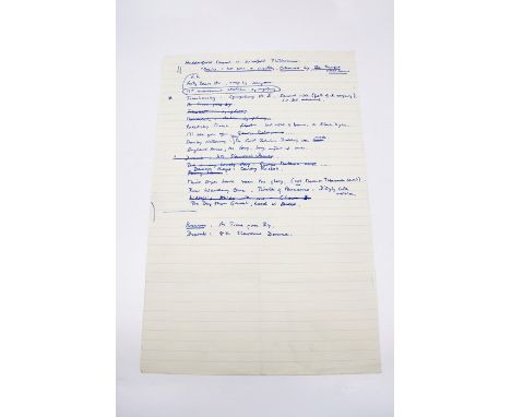Manuscript notes by Harold Wilson for an episode of Desert Island Discs that never happened, blue ink on foolscap sheet. Haro