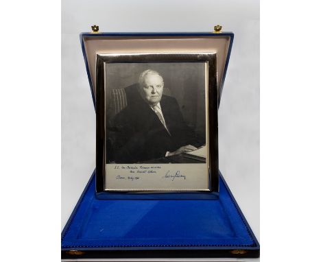Ludwig Erhard, Chancellor of West Germany, black &amp; white photographic portrait, inscribed in blue ink to British Prime Mi