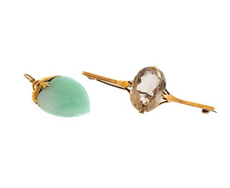 A 9ct gold and citrine bar brooch, set with central oval cut citrine, approx 6cm long, approx 7.5gms; together with a gold mo
